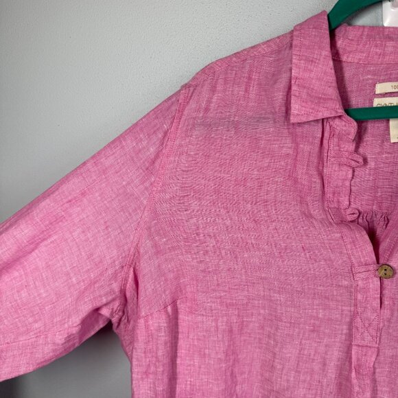 Cynthia Rowley 100% Linen Top Pink 1X Pullover Roll Tab Sleeve Coastal Lagenlook - Picture 6 of 11